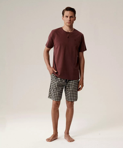 Pijamale bărbătești NMP-397 - bumbac gri vin, mâneci scurte, ușoare și confortabile pentru vară