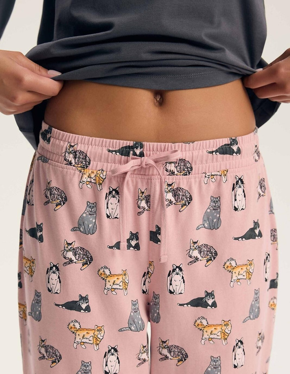 Pijamale damă Henderson Ginni 45419 100% bumbac mânecă lungă pisici gri