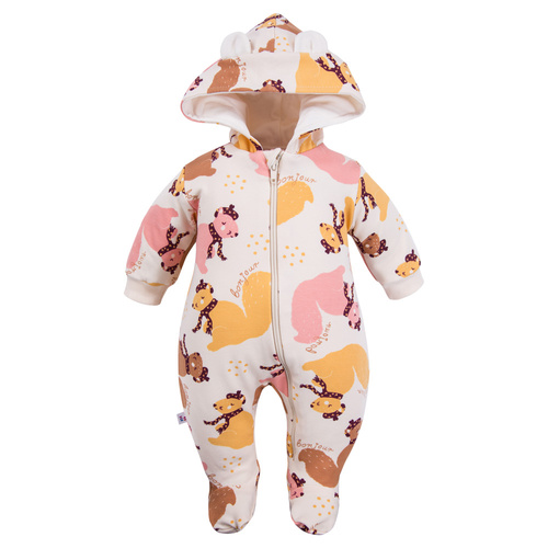 Trenorac pentru copii Fluffy Tails Eevi - ecru, cu picioare si gluga, imprimeu de toamna