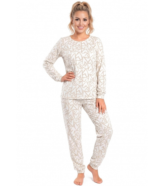 Donna Adore Long Ecru pijama damă din bumbac cu inimioare, mânecă lungă