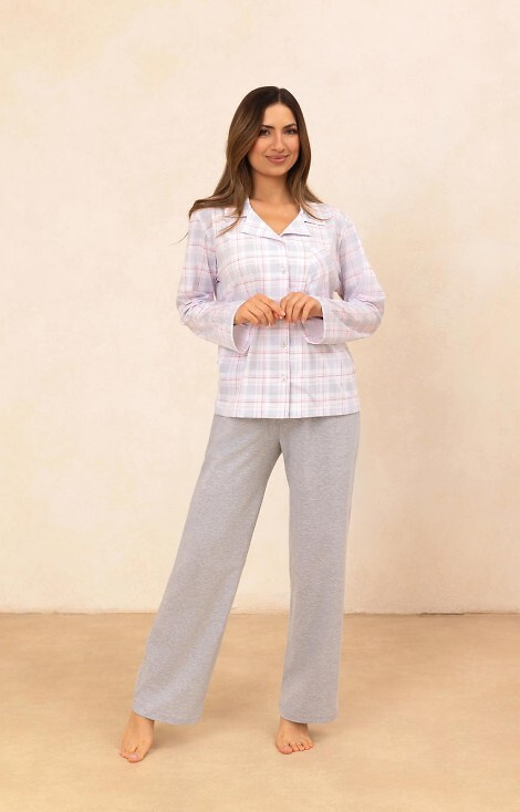 Pijamale damă 727 Regina Gri - 100% bumbac, în carouri, cămașă cu nasturi