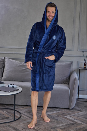 L&L 2663 Active Halat de baie bărbați lung cu glugă moale Navy