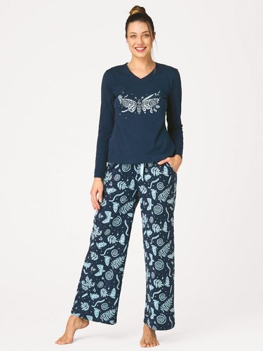 Pijamale damă Key LNS 534 bleumarin, bumbac, lungă, cu buzunare