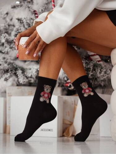 0200-132 Ursuleț în pulover Sosete damă Milena de Crăciun - negru