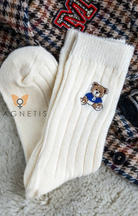 Șosete YN5041 Warm Magnetis pentru femei, albe - cu nervuri și broderie cu ursuleți de pluș