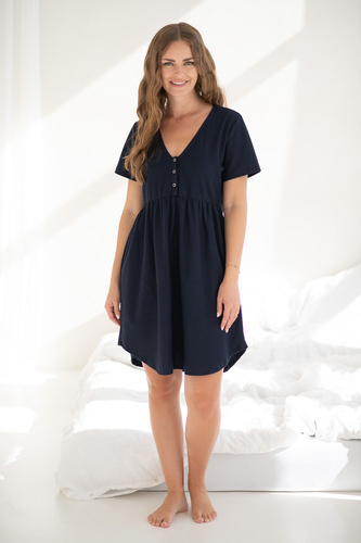 Cămașă de noapte Aurora Milk&amp;Love pentru gravide și alăptare, bleumarin – bumbac, cu nasturi, producție poloneză