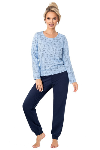 Pijamale lungi pentru femei Donna Star, albastru închis - bumbac, mâneci lungi, ambalate într-o pungă de plastic