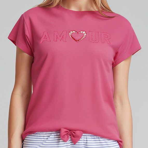 Juliana Sorbetto roz – pijamale dama 100% bumbac, cu broderie si pantaloni lungi cu dungi