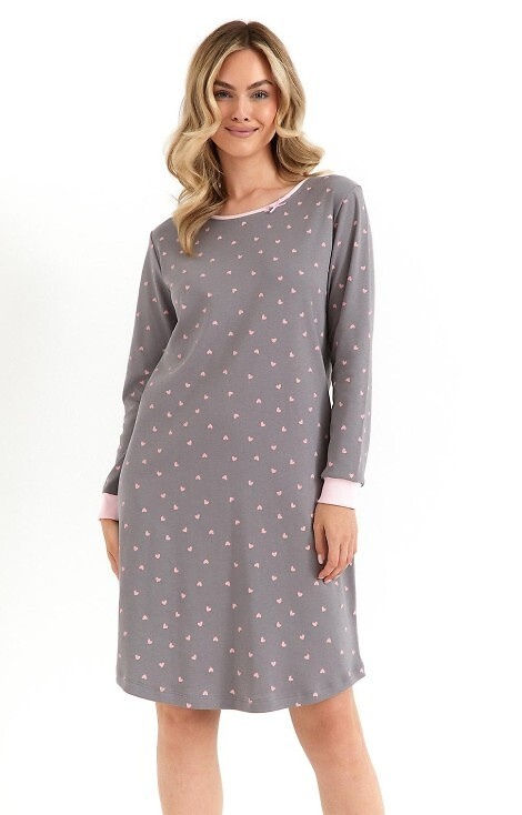 Cămașă de noapte pentru femei 493 Cana, grafit - bumbac interlock, inimioare, mâneci lungi