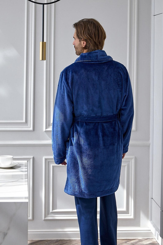 L&L Elegant 2664 Halat de baie bărbați scurt, moale, cu model wafel și guler, navy