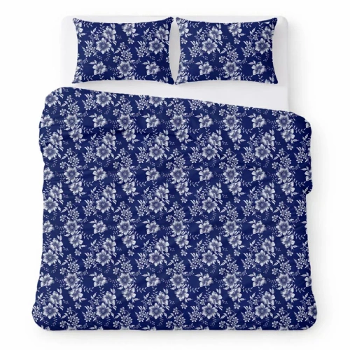 Lenjerie de pat din bumbac creponat set respirabil ușor de întreținut navy blue with white flowers