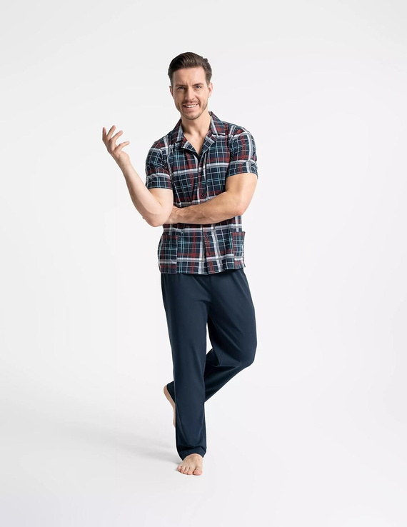 Pijama bărbați Moraj PDM6200-003 bleumarin, deschisă cu nasturi, bumbac cu buzunare