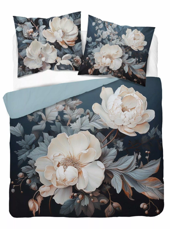 Set de lenjerie de pat 5131 A Holland Detexpol din bumbac, închis la culoare cu bujori bej și crem – 100% bumbac, față-verso, producție poloneză