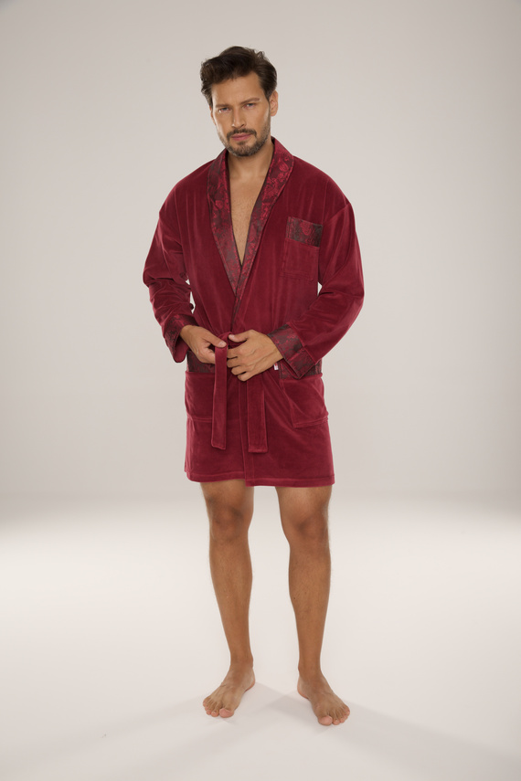 866 Noble Halat de baie de catifea De Lafense pentru bărbați - scurt, elegant, bumbac - burgundy