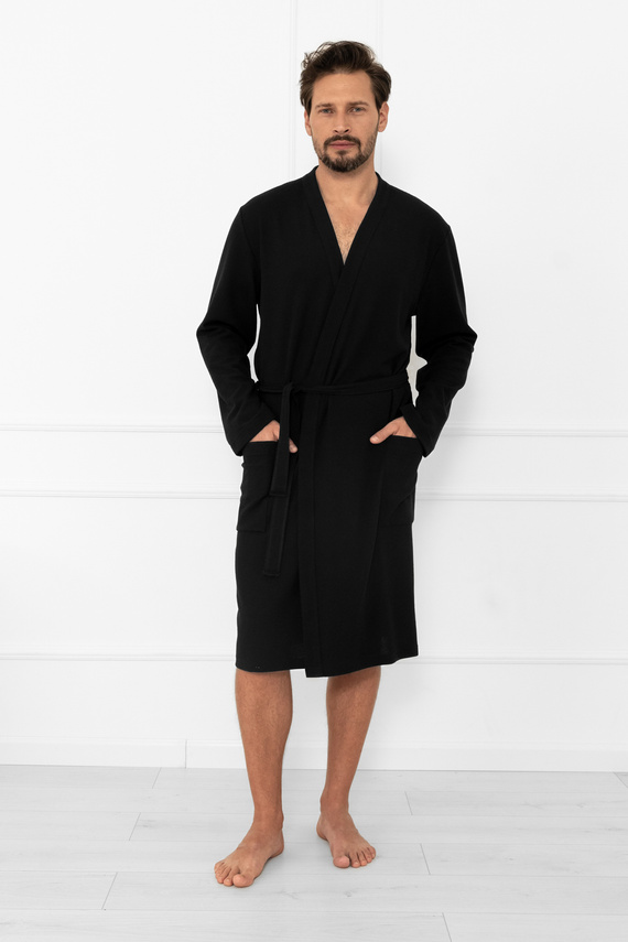 Bono halat de bărbați Italian Fashion negru - cu curea, model în relief, elegant și confortabil