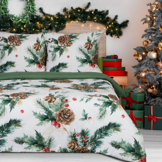 Lenjerie de pat Pino Craciun, perdele euro, alb/verde