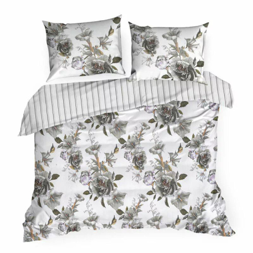 Spring 39 Flowers lenjerie de pat satin Euro perdele alb/gri