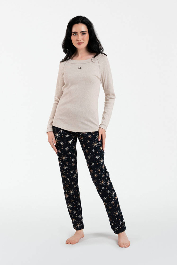 Denali Pijama de damă cu mânecă lungă, pantaloni lungi Italian Fashion- bej melange/print