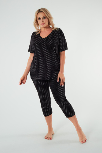 Pijama de damă Puntini cu mânecă scurtă, pantaloni 3/4, modă italiană - negru 