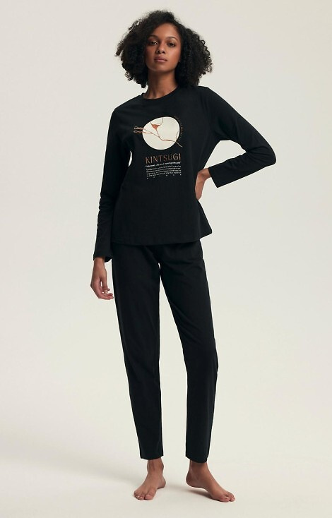 43727 Pijamale Dairoku Henderson pentru femei negre - bumbac, mâneci lungi și pantaloni