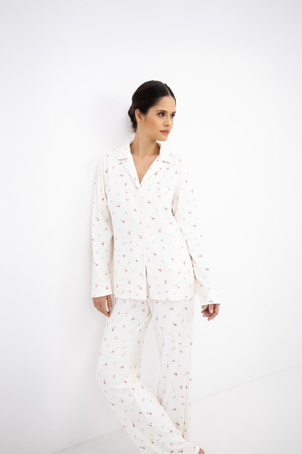 Sensis Valerie Ecru Pijamale damă de iarnă jacquard cu nasturi, model floral
