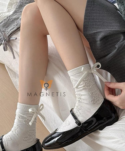 Șosete de damă Magnetis CO5020 ecru - bumbac, jacquard cu motiv ursuleț de pluș