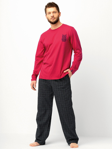 Pijamale bărbați MNS 471 Key burgundy - mâneci lungi, pantaloni de flanel de bumbac