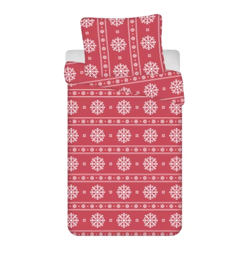 Set de lenjerie de pat de Crăciun Jerry Fabrics – Roșu cu fulgi de zăpadă albi, 100% bumbac