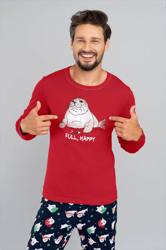 Elder Pijamale Bărbați cu mânecă lungă, pantaloni lungi Italian Fashion- roșu/print albastru marin