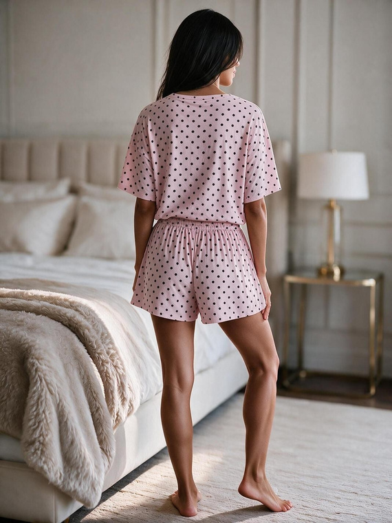 Luna 1311 Pijamale damă scurte din bumbac cu buline, 100% bumbac, roz