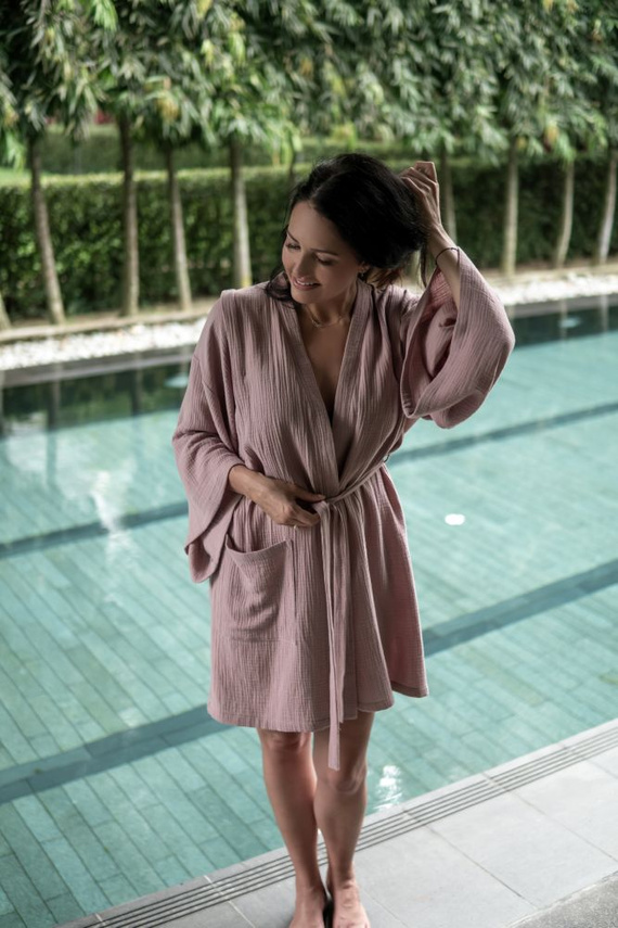 Halat de baie din muselina Kimono Trandafir Sepia Makashka | 100% bumbac, usor si aerisit