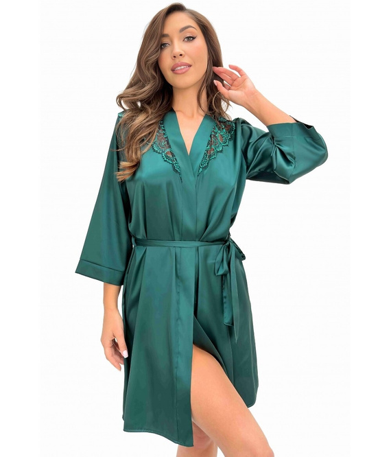 Donna Mela Halat de damă din satin verde cu dantelă, mânecă 7/8