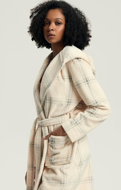 Halat de baie Danna Henderson alb pentru femei - cu glugă, în carouri