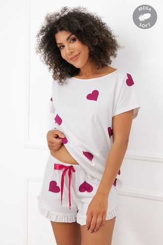 Italian Fashion Soul pijama damă scurtă Mega Soft ecru cu inimi bordo