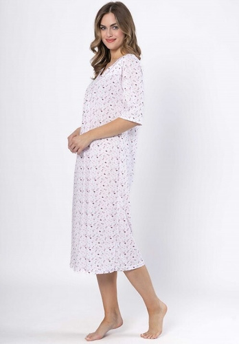 Cămașă de noapte din bumbac Leveza 1638 Dioniza alb și liliac – cu mânecă scurtă, confortabilă și feminină