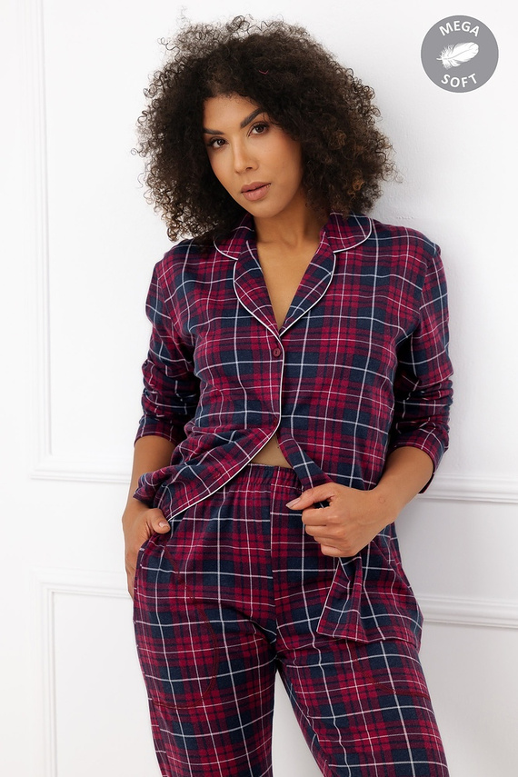 Italian Fashion Alana pijama damă din bumbac, lungă, cu nasturi, în carouri