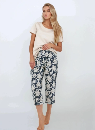 Pijamale de damă Momenti Per Me Charm bleumarin - mâneci scurte și pantaloni 7/8, bumbac