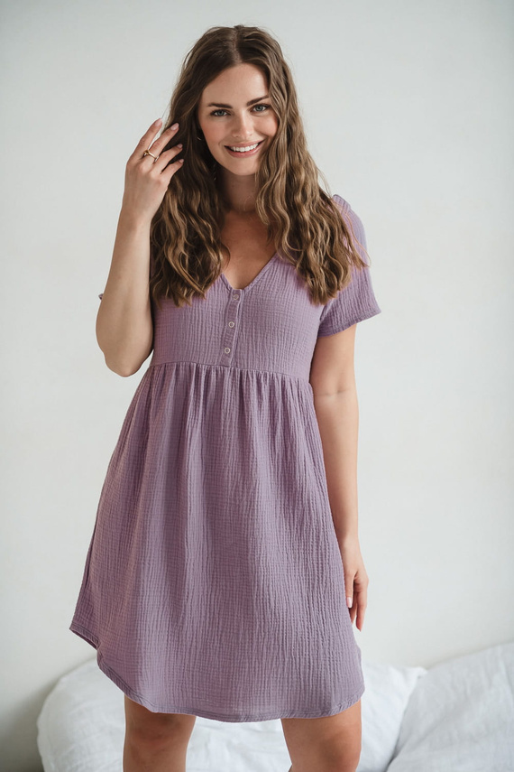 Cămașă de noapte de maternitate și alăptare din muselină Aurora Milk&Love lavanda