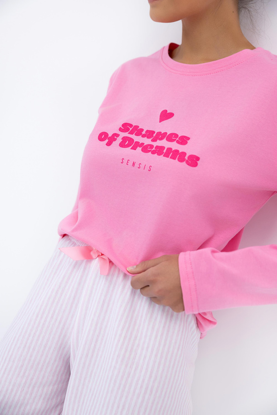 Pijamale pentru femei Malaya Sensis - Tricou și pantaloni lungi din bumbac cu fundă