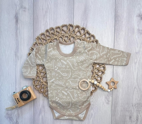 Body BK16526 Mamatti bej cu dinozauri, body din bumbac pentru bebeluși
