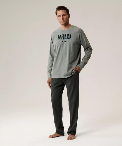 Pijamale bărbați NMP-392 Atlantic - bumbac verde/kaki, mâneci lungi, set elegant pentru nopțile reci