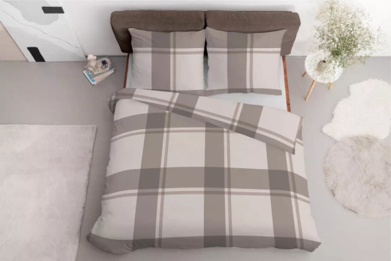 5218 B Lenjerie de pat în carouri de satin bej Detexpol