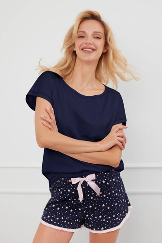 Pijama cu mânecă scurtă pentru femei Libra, pantaloni scurți Italian Fashion - albastru navy/print 
