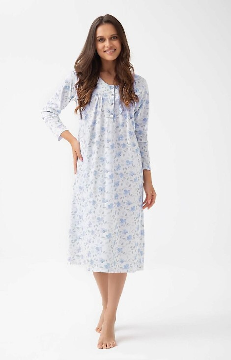 Cămașă de noapte albastră 338 Luna - bumbac cu model vegetal, lungă cu nasturi