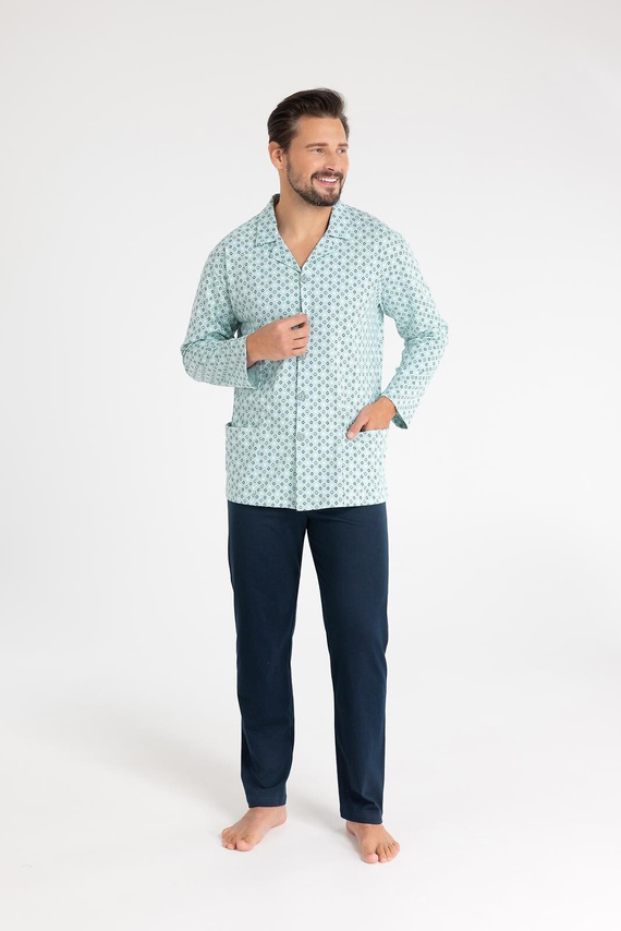 Pijamale bărbați din bumbac Regina 486 verde - mâneci lungi, prinse cu nasturi, croială clasică
