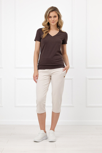 Pantaloni damă Capri Credo Italian Fashion 95% bumbac, buzunare, 3/4, bej