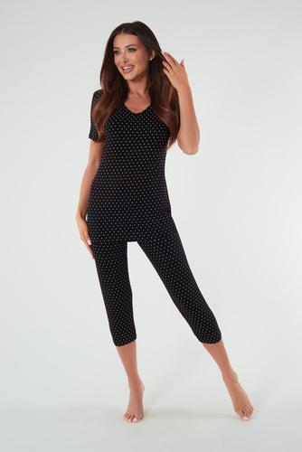 Pijama de damă Puntini cu mânecă scurtă, pantaloni 3/4, modă italiană - negru 