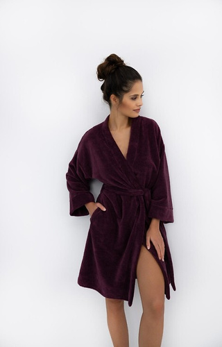Halat de damă Indigo Sensis Burgundy - tricotaj moale, guler kimono, buzunare