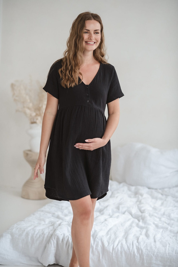 Cămașă de noapte de maternitate și alăptare Aurora de muselină Milk&Love neagră