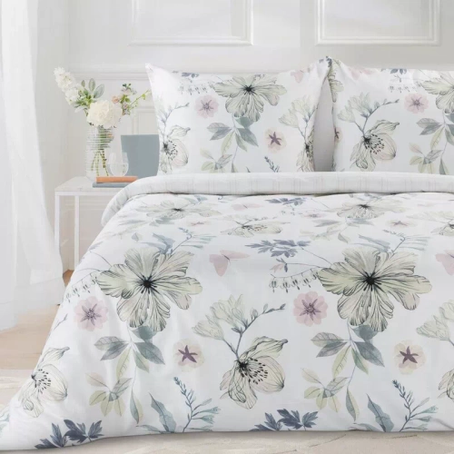 Spring 37 Flowers lenjerie de pat satin Euro perdele alb/verde